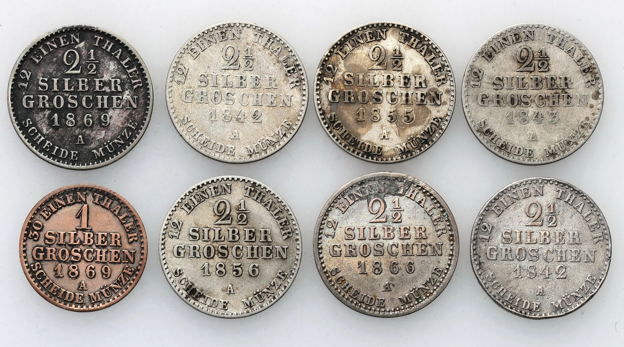 Niemcy, Prusy. 1 do 2 1/2 silbergroschen 1842-1869, Berlin, zestaw 8 monet
